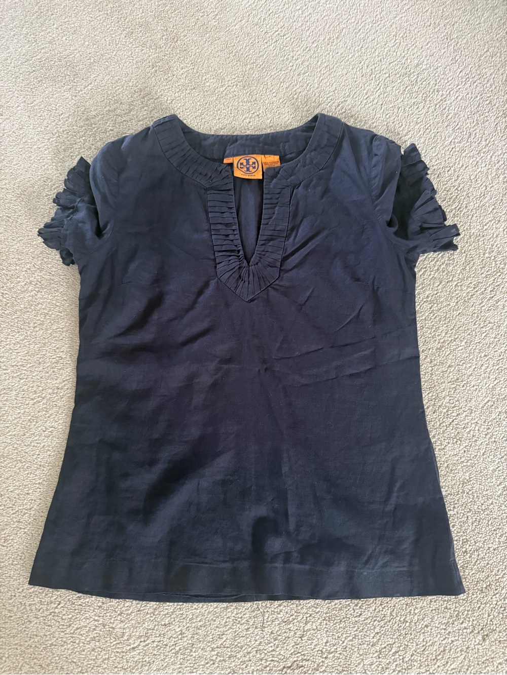 Tory Burch Navy Short-Sleeve Ruffle Trim Top